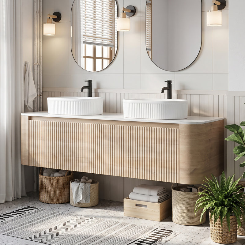 Wall Mounted Single Double With Engineered Marble Top, Oak