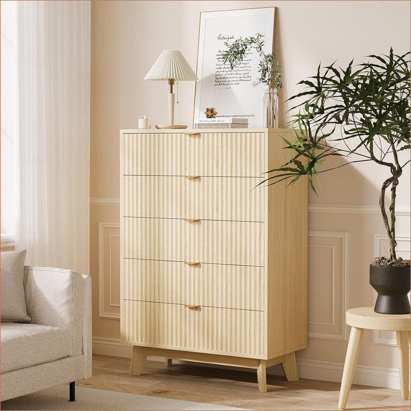 Commode 5 tiroirs Mid-Century, commode en bois naturel pour chambre à coucher, rangement Boho