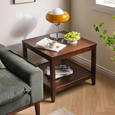 Solid Wood Square End Table With Storage Shelf, 2-Tier Coffee Table For Living Room, Rubber Wood Small Sofa Table, Nightstand,