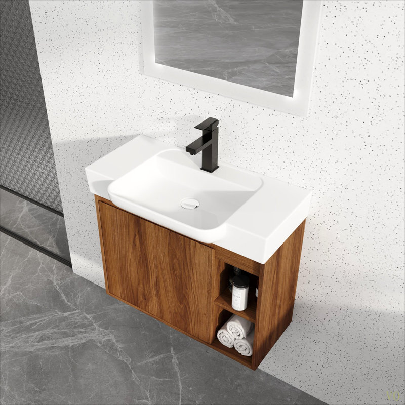 Meuble-lavabo mural 28 po avec lavabo en céramique et porte à fermeture en douceur, emballage KD, Brun ébène, 27"
