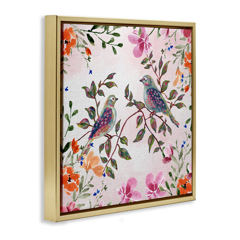 Cadre flottant deux oiseaux avec fleurs, design par Adonna Ebrahimi, H 18 po x l 18 po, Cadre flottant métallique doré