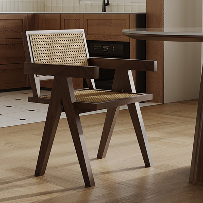 Chaises de salle à manger durables en bois massif avec accoudoirs en rotin