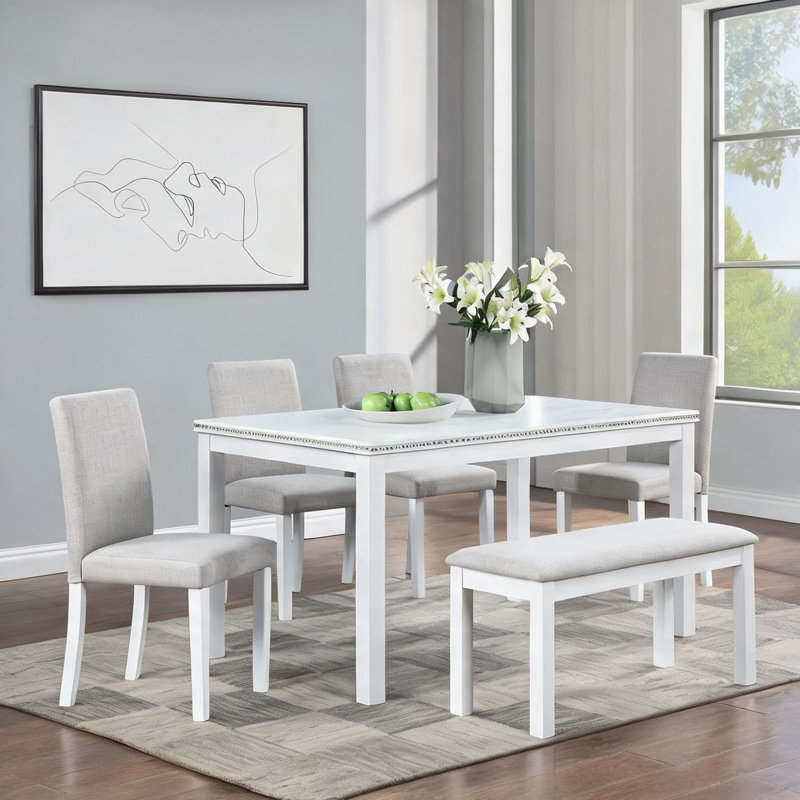 6-Person Rectangular Dining Set with Bench, Solid Wood MDF, White Table, Classic Gray Upholstered Seating