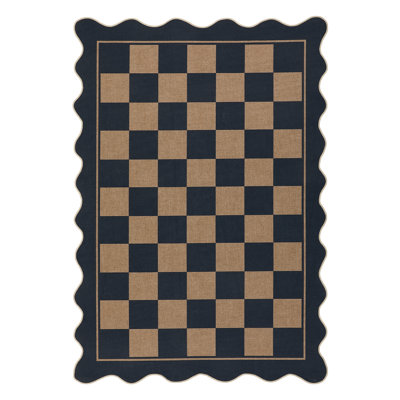 Scalloped Checkerboard Rug Outdoor Rug Easy Jute Area Rugs for Living Room Washable Front Door Mat Farmhouse Non Slip Carpet for Patio Backyard 