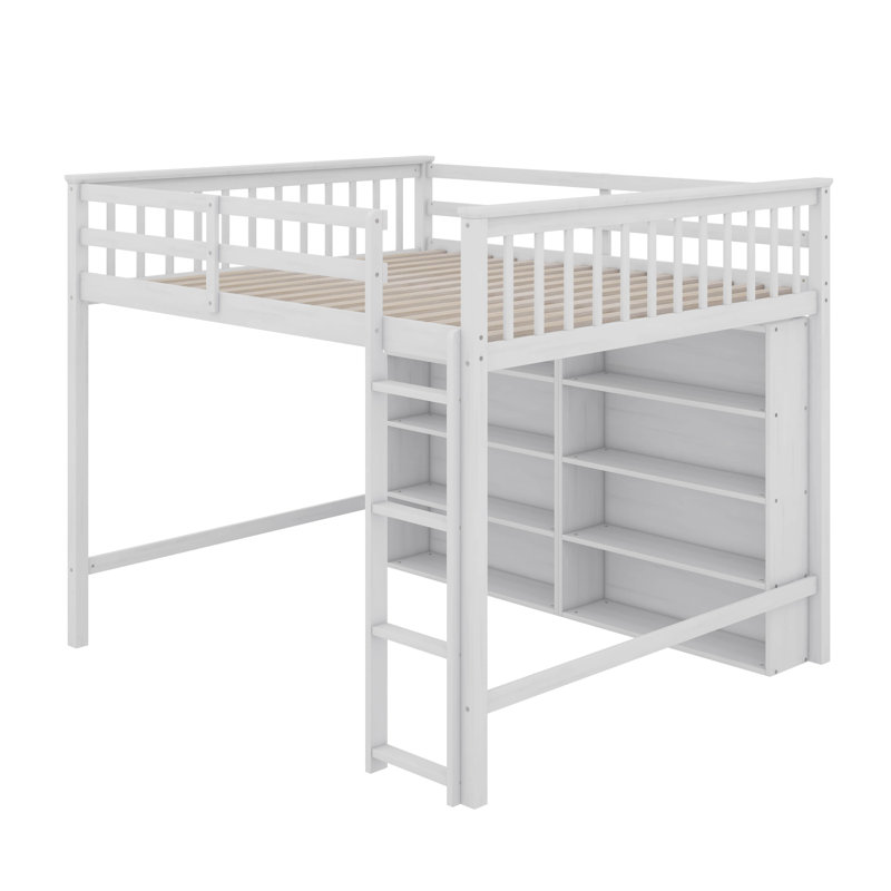 Lit mezzanine double avec 8 tablettes ouvertes, Blanc antique