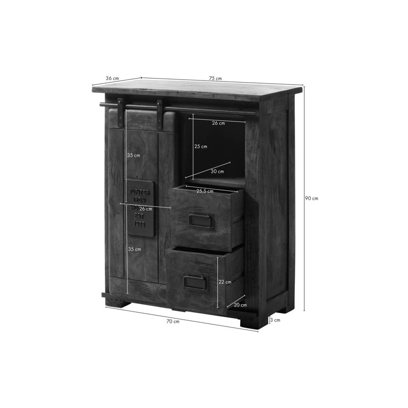 Railway Solid Wood 75cm W 2 - Drawer Chest of Drawers, Lacquered grey