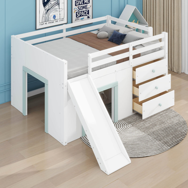 Base de lit mezzanine en bois avec trois tiroirs de rangement et deux portes