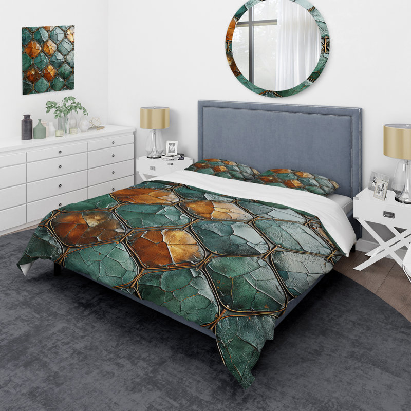 Carreaux de mosaïque en marbre vert et or II - ensemble de housse de couette à carreaux abstraits