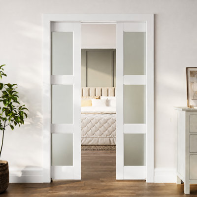 Frosted Glass 3-Lite Sliding Pocket Double Door White Standard Door with Hardware Kit Set