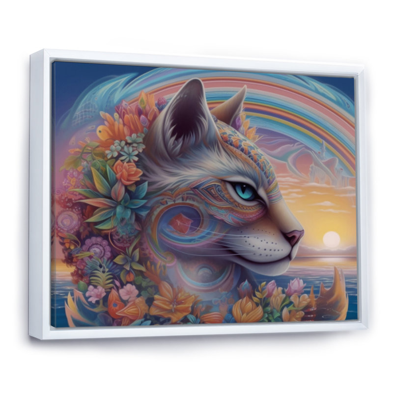 Chat arc-en-ciel magique avec fleurs sur toile, H 30 po x l 40 po x P 1,5 po, Cadre flottant blanc