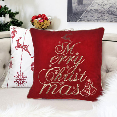 Coussin décoratif rouge en velours avec broderie Merry Christmas, 20 x 20 avec insert