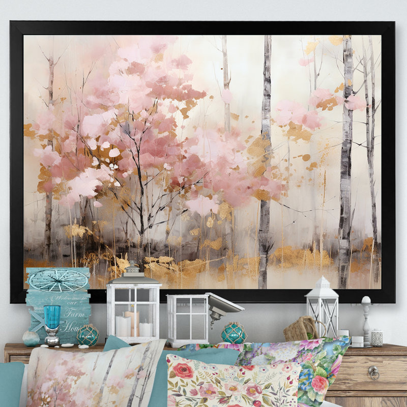 «Minimalisme rose et forêt dorée», reproduction sur toile, H 30 po x l 40 po x P 1,5 po, Cadre simple noir