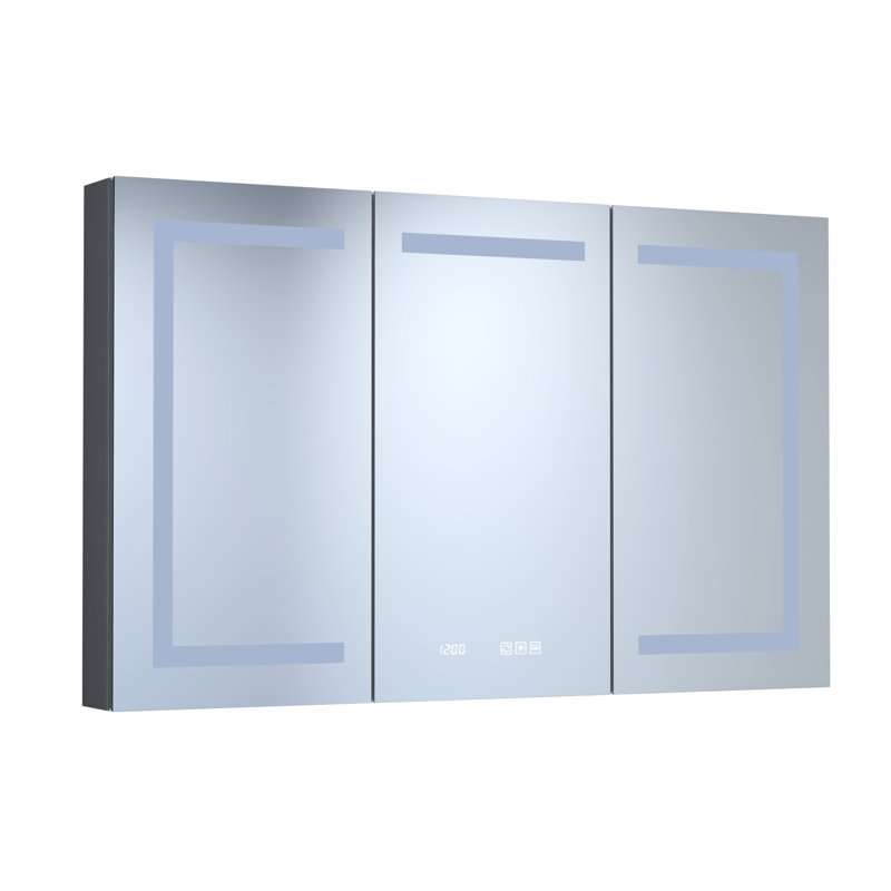 48 po Armoire à pharmacie large en aluminium avec lumières à DEL, horloge, conception biseautée large, 30 lumières à haute densité, montage en surface intégré, temps / température, miroir antibrouillard, plateau à détection automatique