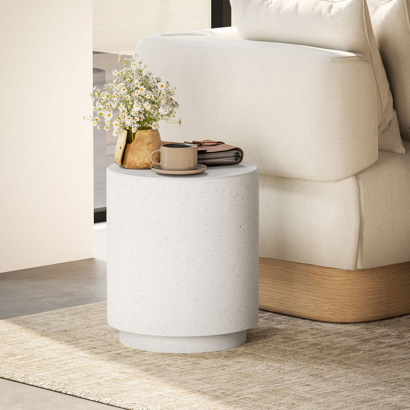  Table d'appoint légère avec finition terrazzo, table de bout avec 4 pieds réglables pour l'intérieur et l'extérieur, Blanc