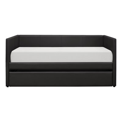 Black Faux Leather Upholstered Contemporary Daybed with Trundle Wooden Furniture 1pc