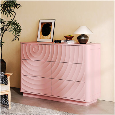 Commode 6 tiroirs pour la chambre à coucher, commode moderne de 46,5 pouces de large avec design ondulé sans poignée, rangement pour vêtements en bois, chaud