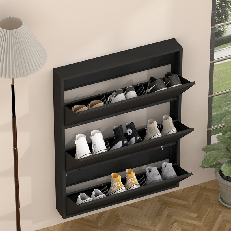 Armoire à chaussures en métal avec 3 tiroirs rabattables, range-chaussures mural, Noir