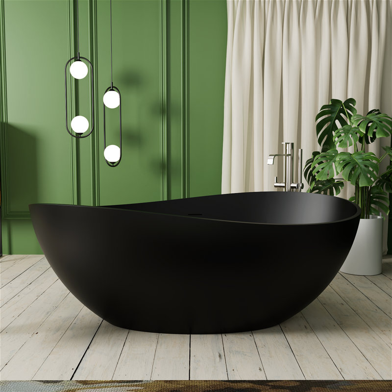 63" Egg-Shaped Wavy Curves Solid Surface Bathtub, Freestanding Seamless Deep Soak Tub with Drain & Overflow – Spa Sanctuary for Luxury Bathrooms