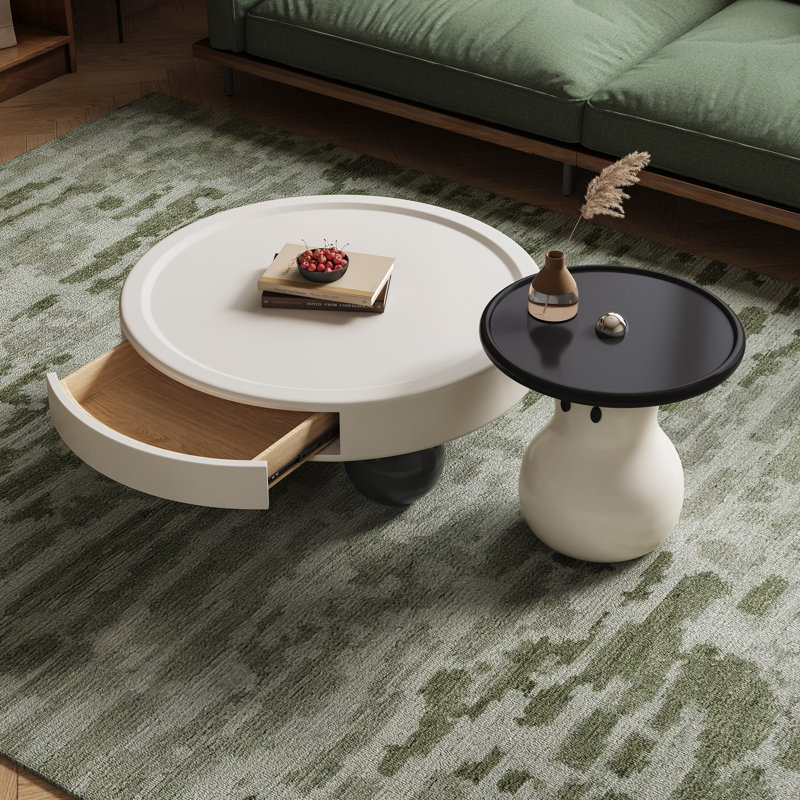 Table basse ronde moderne avec tiroir et ensemble de tables d'appoint assorti, finition blanche et noire