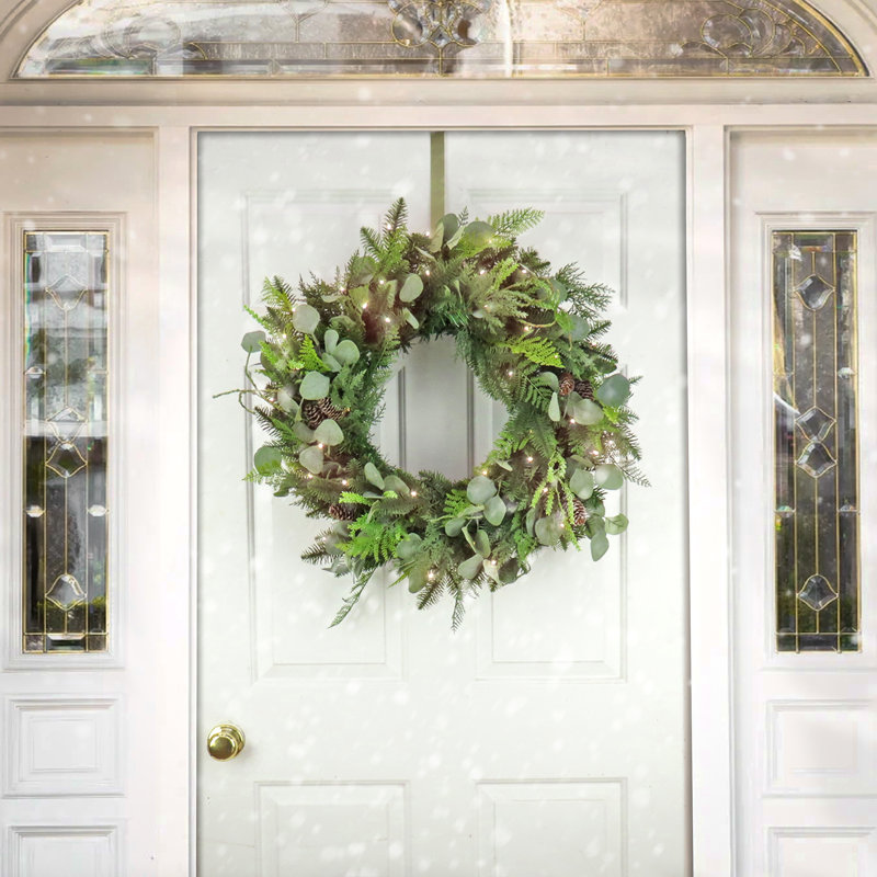28'' Green Eucalyptus and Pine Cone Lighted Christmas Wreath