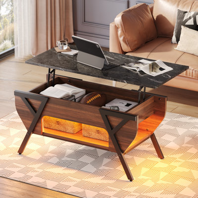 Table basse à dessus relevable de 41,7 po avec compartiment de rangement dissimulé et lumières DEL Benigno