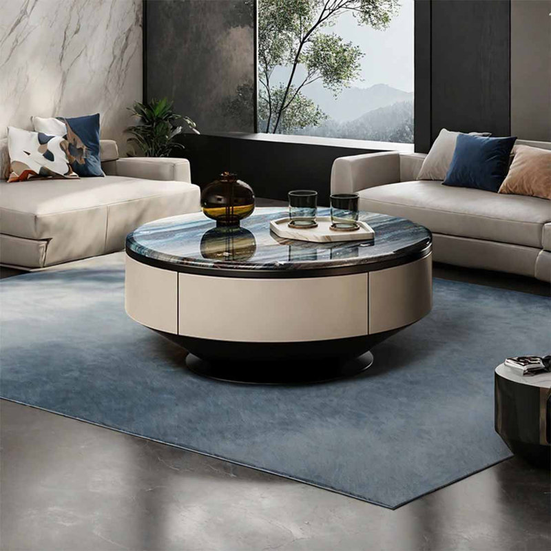 Round microcrystalline stone coffee table, 13.8" H x 31.5" L x 31.5" W