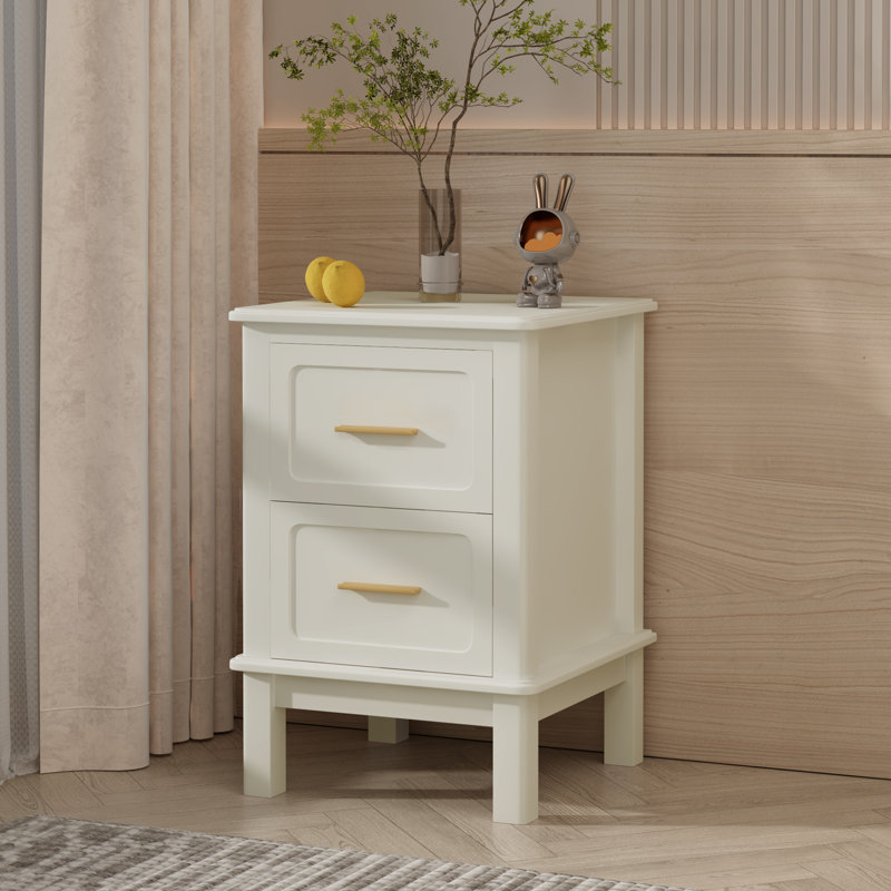 Table de chevet blanche à deux tiroirs, finition brillante pour plus de durabilité, petits espaces compacts avec poignées dorées et 2 tiroirs pour organiser les articles de chevet, matériau