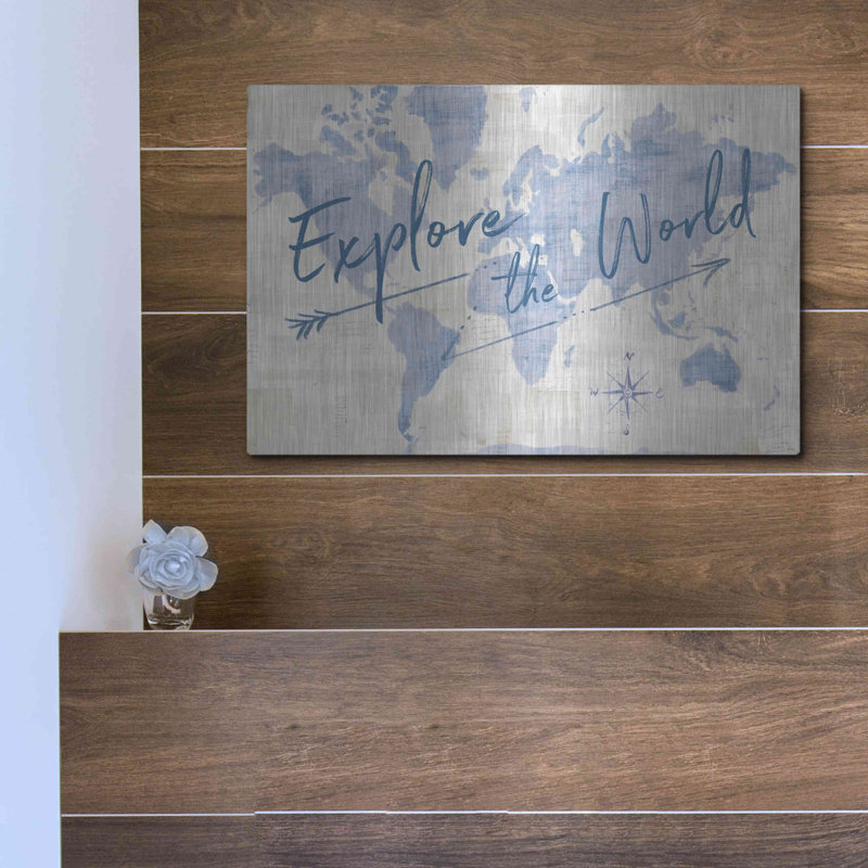 «World Map Collage Explore» par Sue Schlabach - peinture sans cadre, H 12 po x l 16 po x P 0,13 po
