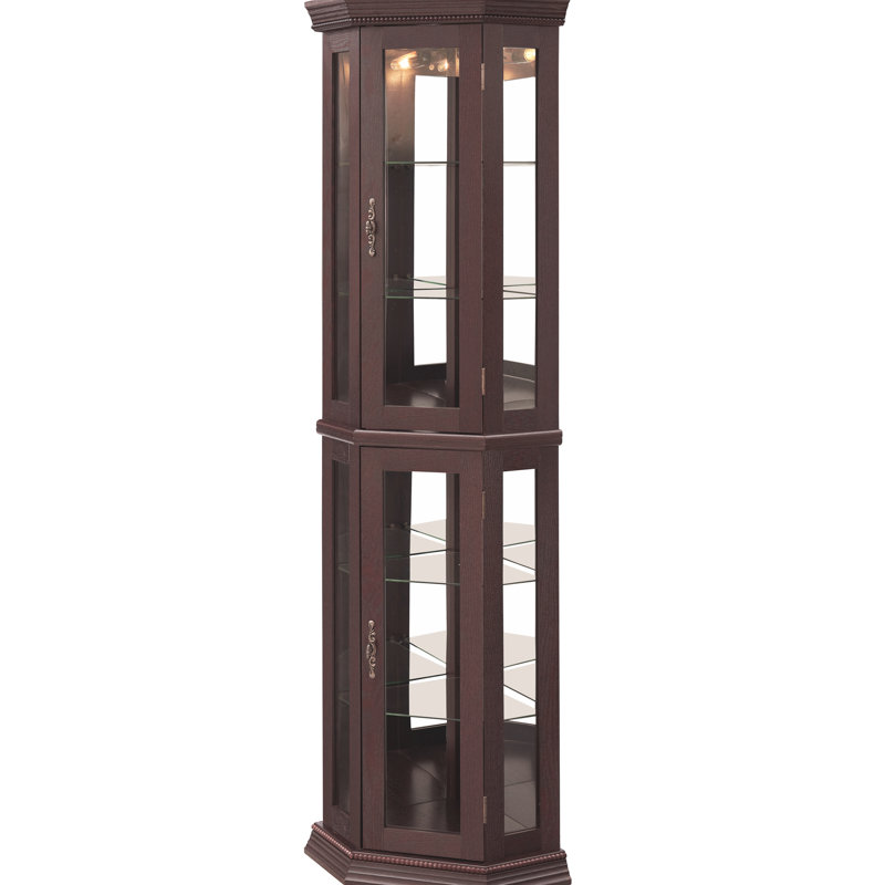Vitrine lumineuse avec 6 tablettes, peu encombrante, construction, détails raffinés, verre doux cerise de qualité musée, dossier en miroir, 4 outils de configuration,