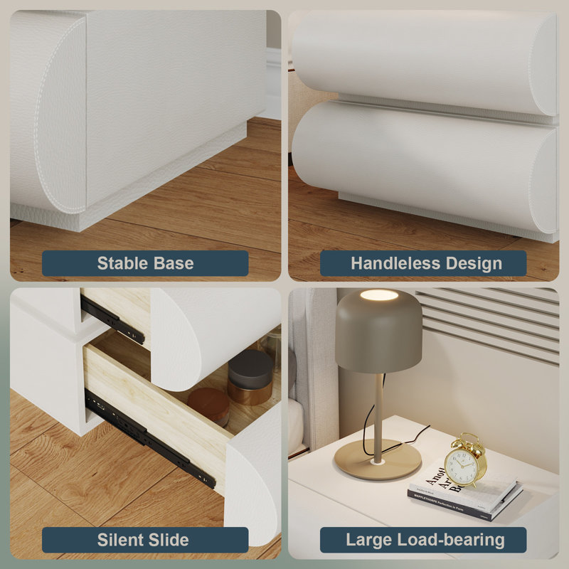 White Leather Wrapped Modern Nightstand with 2 Solid Wood Drawers