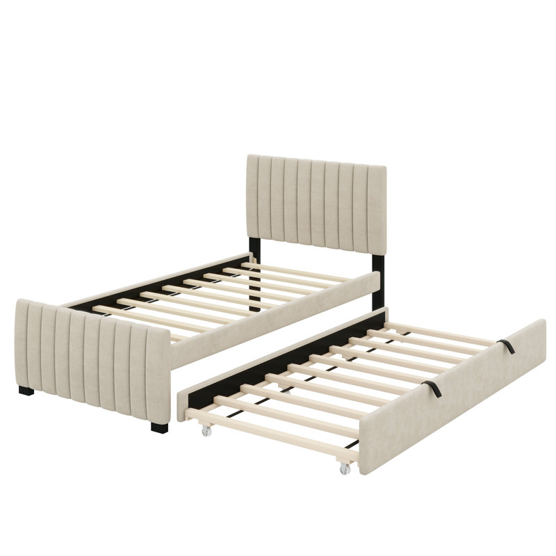 Twin-Sized Velvet-Upholstered Platform Bed With An Integrated Twin-Sized Trundle Bed, Beige