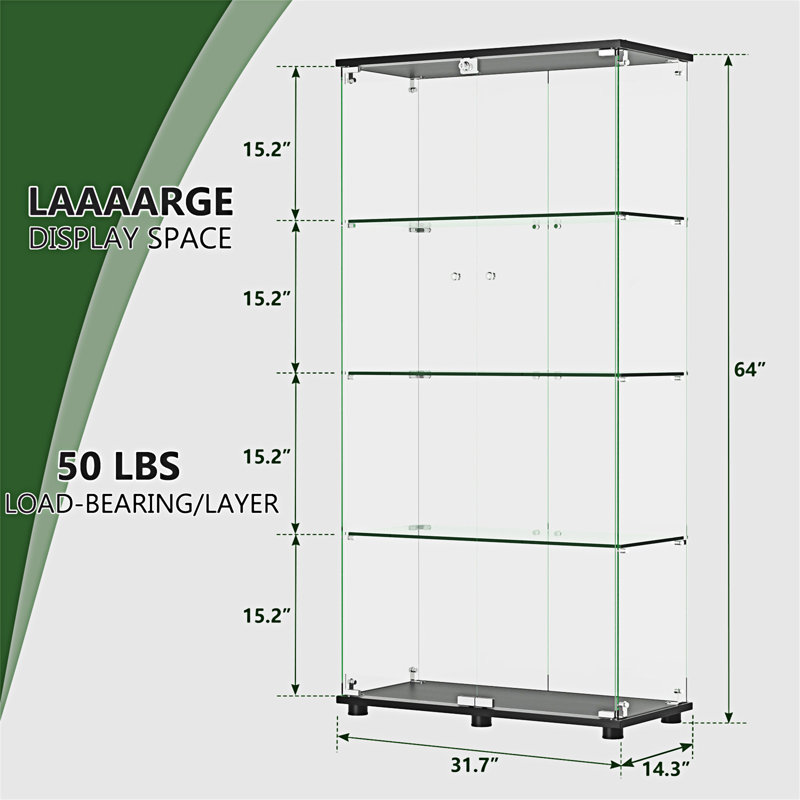 Vitrine en verre avec portes doubles à 4 tablettes et serrure