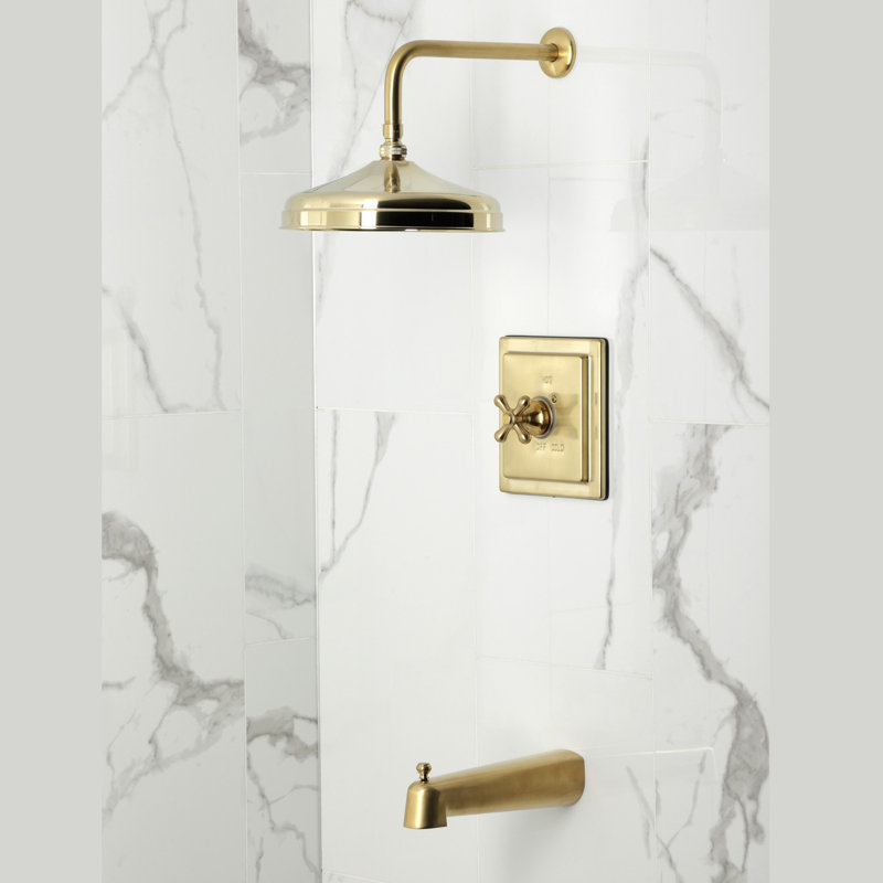Robinet de baignoire et de douche à pression équilibrée à poignée simple Kingston Brass, Laiton brossé, Poignées croix