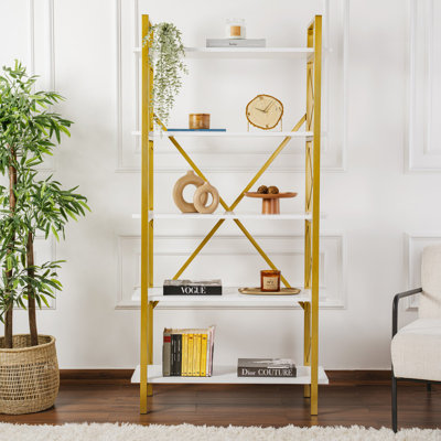 Modern White & Gold Bookshelf, 35.4 x 70.9 x 13.4 inches | 100% Melamine Coated Particle Board, Metal Frame with Electrostatic Oven Dried Finish | Numerous Shelves, Wall-Mountable, Stylish Storage Solution for Home or Office