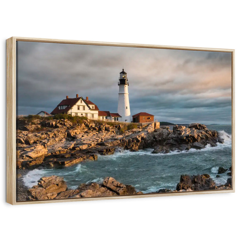 Phare de Portland Head, Maine, au lever du soleil, 37 po x 25 po, Cadre flottant en bois naturel
