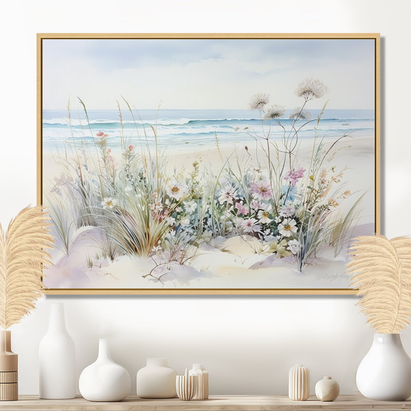 Fleurs sauvages sur la plage - Art mural fleurs sauvages, H 34 po x l 44 po, Reproduction avec cadre flottant, Naturel