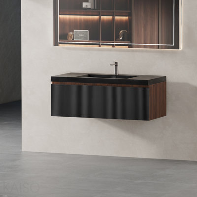 Meuble-lavabo flottant 36 po avec lavabo, meuble-lavabo mural rayé avec tiroirs à fermeture en douceur et lavabo à quartz noir, entièrement assemblé, noyer fumé