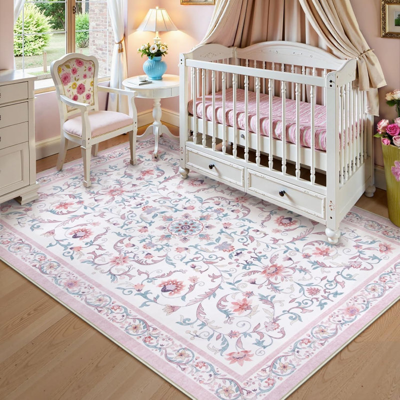  Floral Washable Area Rug Non-Slip Stain Resistant Low-Pile Boho Large Indoor Throw Carpet, Rectangle 5' x 7', Pink