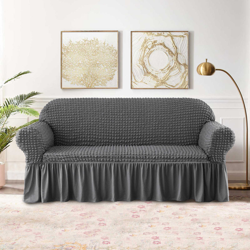 Housse en tissu extensible pour canapé à coussins carrés Seersucker, Amande, H 41 po x l 92 po x P 42 po