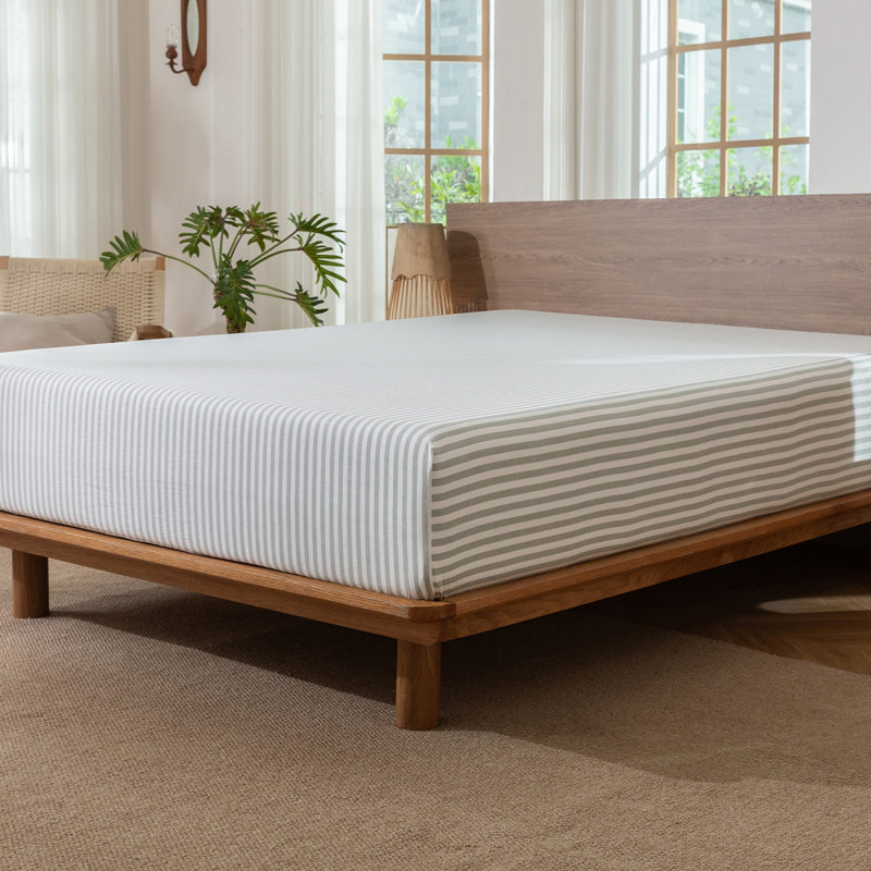 Drap-housse MooMee 100% coton lavé extra profond, Grand lit, Rayures classiques - vert sauge et blanc