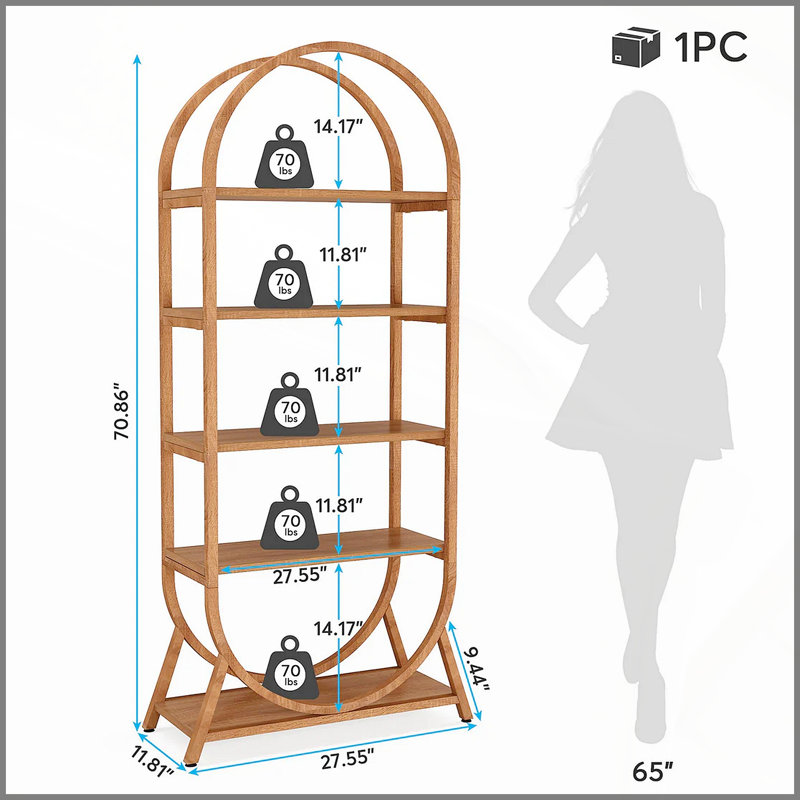 Versatile Display Rack,5-Tier Bookshelf,Compact Arched Bookcase