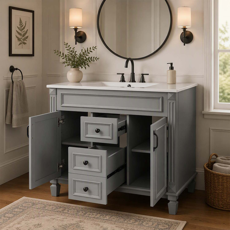 Meuble-lavabo moderne de 91 cm (36 po) avec lavabo et 2 portes à fermeture en douceur, solution de rangement élégante pour toute salle de bain