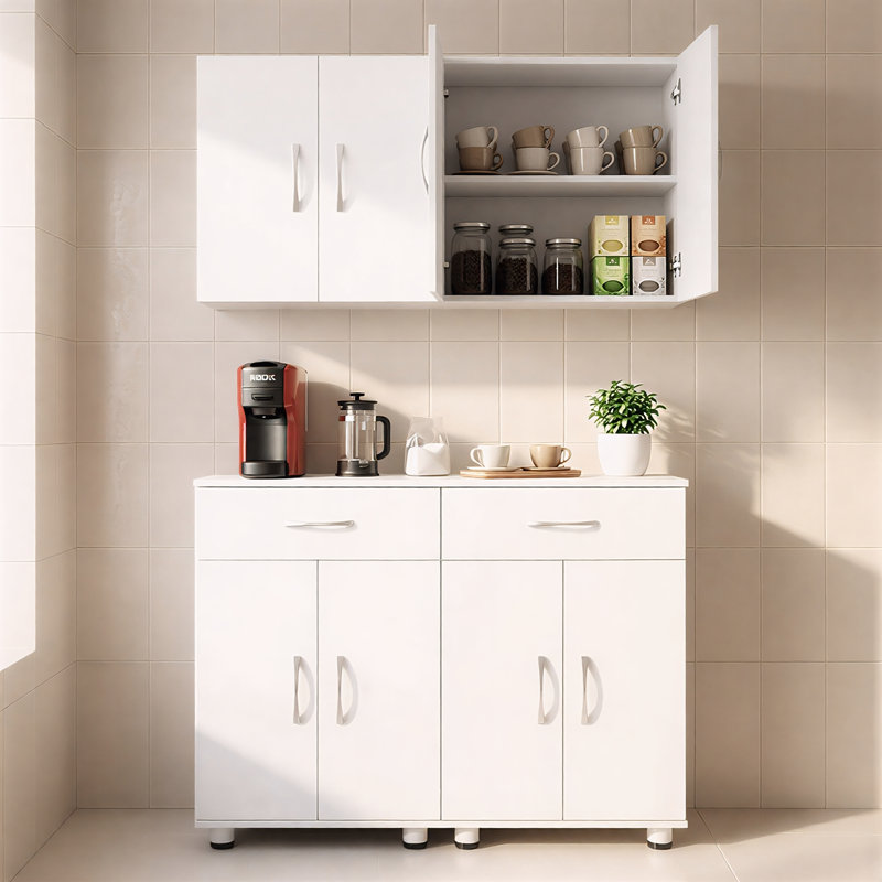 Modular 48" W 4-Piece Storage Cabinet Set: 2 Wall Cabinets & 2 Base Cabinets With Drawers, White