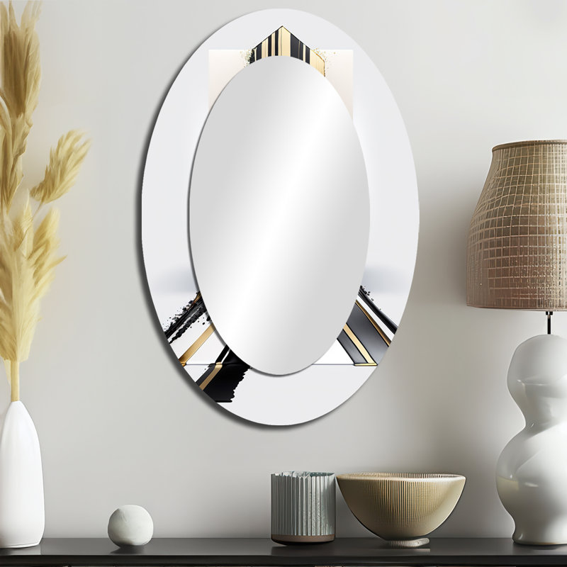 Black And Gold Cubic Expression V - Gold Modern Oval Wall Mirror, 36" x 24"