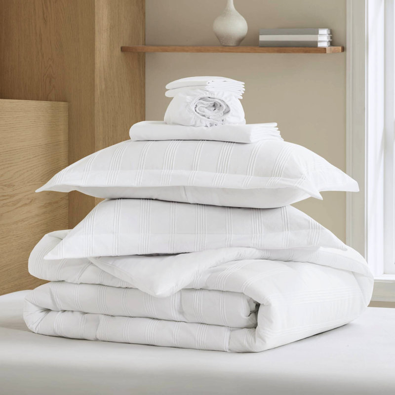 Édredon 7 pièces avec rayures tissées discrètes, rembourrage respirant, microfibre douce, s'adapte aux matelas jusqu'à 15 po de profondeur pour les draps en microfibre légers décorations pour adolescents, chaleur sans vrac, machine