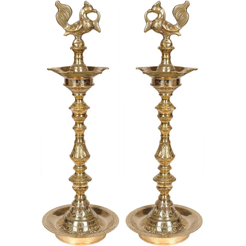 Paire de lampes de paon en laiton 18 "Annam - fait à la main Nachiarkoil Kuthu Vilakku, décoration rituelle traditionnelle