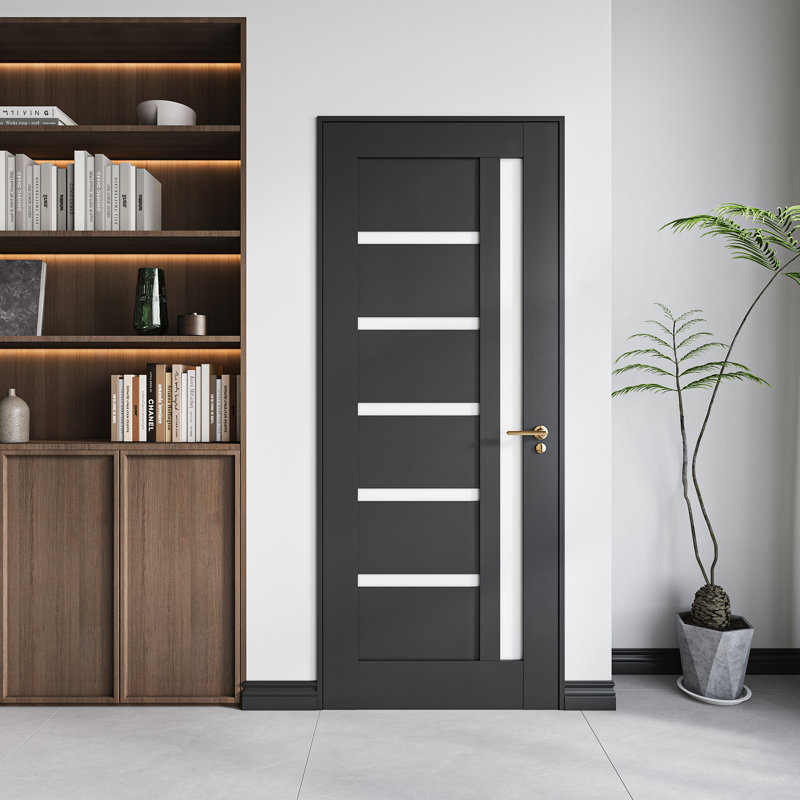 Porte intérieure prémontée à 5 panneaux en MDF à âme pleine, revêtement PVC noir 30 po x 80 po, avec cadre à montage rapide