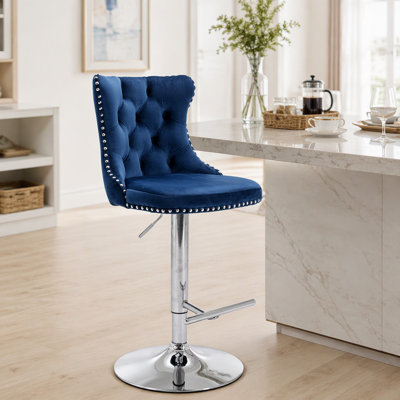 Swivel Velvet Barstools Adjusatble Seat Height From 25-33 Inch, Chrome Base Bar Stools With Backs Comfortable Tufted For Home Pub And Kitchen Island,Set Of 2,AS1712BL,Blue