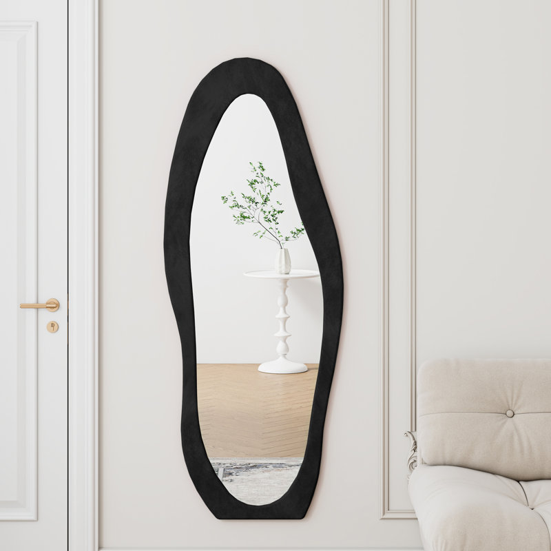 63" X 24" Full Body Mirror, Flannel - Wrapped Frame, Unique Irregular Shape, Black, Shatterproof For Dressing Room Decorating Large 63"X24" Length Wavy Design, Wall Or Floor Placement,