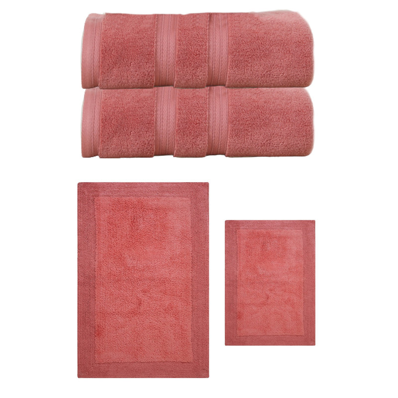 Ensemble de serviettes de bain 2 pièces et de tapis de bain 2 pièces Buariki, ensemble de 4, réversible, Corail